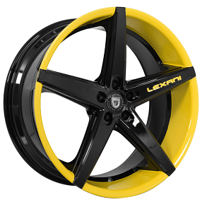 22" Staggered Lexani Wheels R-Four Custom Gloss Black with Yellow Accents Rims