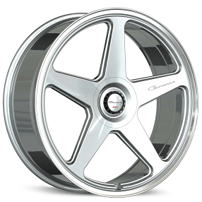 24" Giovanna Wheels Cinque Gloss Silver with Polished Lip Flow Formed Spindle Cap Rims