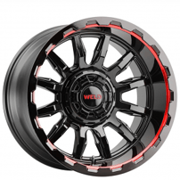 20" Weld Off-Road Wheels Gauntlet W138 Gloss Black with Red Milled Rotary Forged Crossover Rims