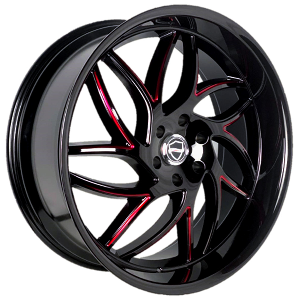 20" Elegance Wheels Magic Gloss Black with Candy Red Milled and Gloss Black Lip Rims